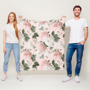 Couverture Polaire Motif floral rose blanche rose tendre doux
