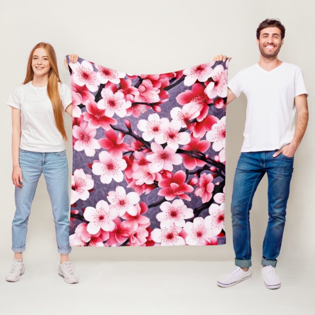 Couverture Polaire motif floral rose cerisier (En situation)