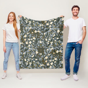 Couverture Polaire Motif floral sur fond bleu-gris poussiéreux