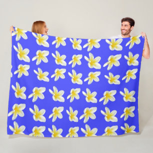 Couverture Polaire Motif Frangipani Bleu Et Jaune,