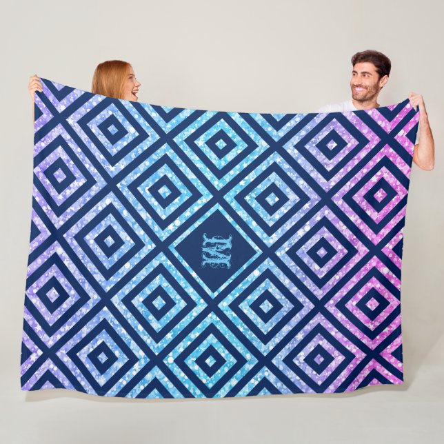Couverture Polaire Motif géométrique bleu et Parties scintillant colo (En situation)