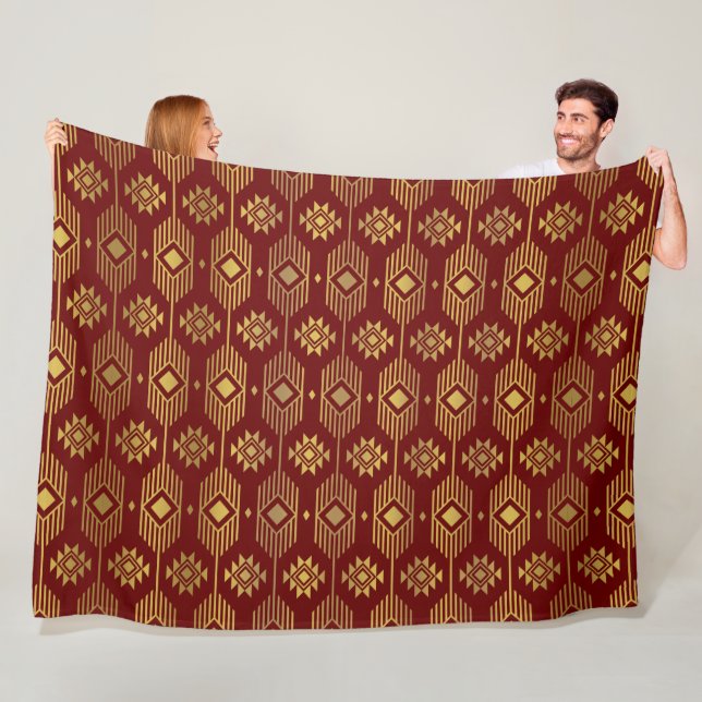 Couverture Polaire Motif géométrique de l'ikat ethnique rouge et or (En situation)