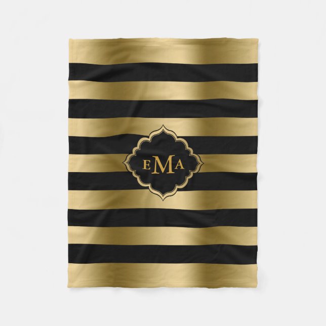 Couverture Polaire Motif géométrique Monogramme Gold & Black Stripes (Devant)