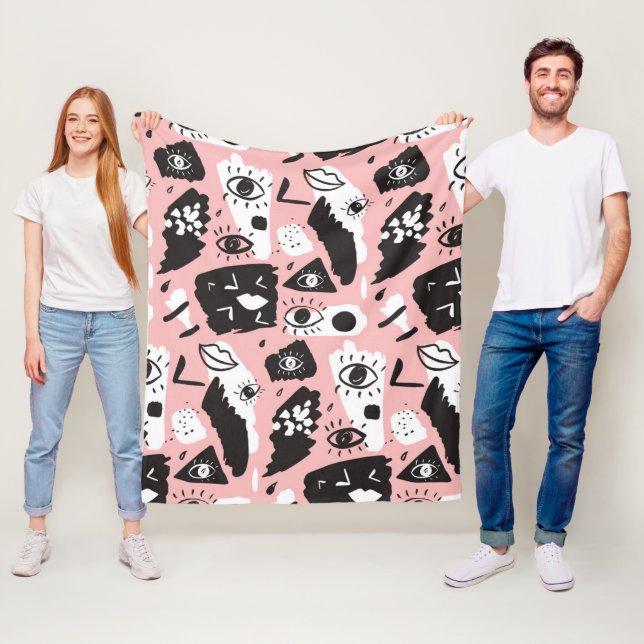 Couverture Polaire Motif moderne abstrait d'oeil et de lèvres (En situation)