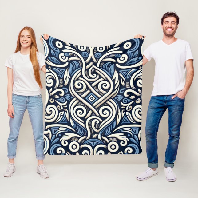 Couverture Polaire Motif moderne grec bleu et blanc (En situation)