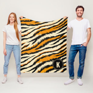 Couverture Polaire Motif monogramme rayures de tigre orange noir