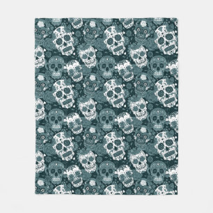 Couverture Polaire motif ornemental floral crâne en sucre bleu rétro