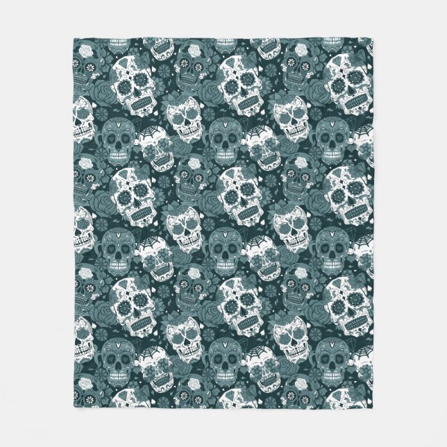 Couverture Polaire motif ornemental floral crâne en sucre bleu rétro (Devant)