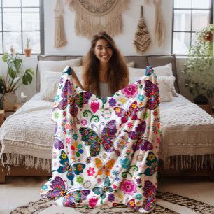 Couverture Polaire Motif papillons et fleurs rétro colorés