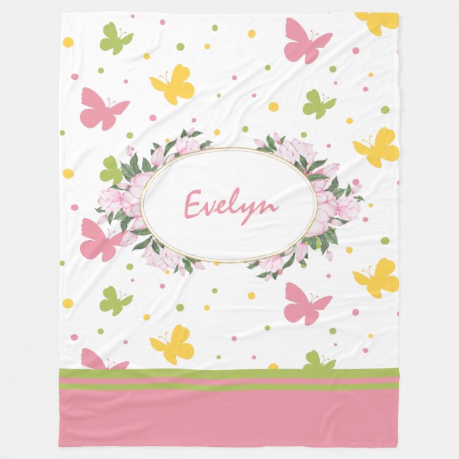 Couverture Polaire Motif Pastel Butterfly avec Fleurs et Nom (Devant)
