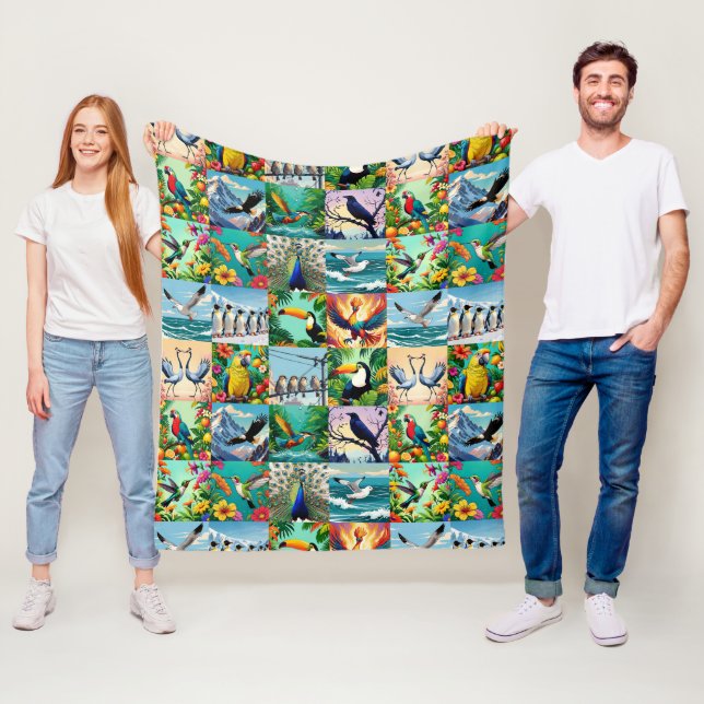 Couverture Polaire Motif Patchwork Oiseaux  (En situation)