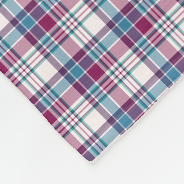 Couverture Polaire Motif Plaid bleu magenta et turquoise (Coin)