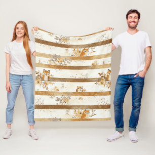 Couverture Polaire Motif rayé Renard et Hibou Forêt Dorée