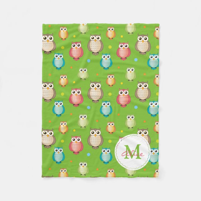 Couverture Polaire Motif sage mignon de hiboux de monogramme vert (Devant)