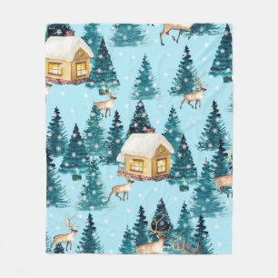Couverture Polaire Motif sans couture avec village d'hiver dans la fo