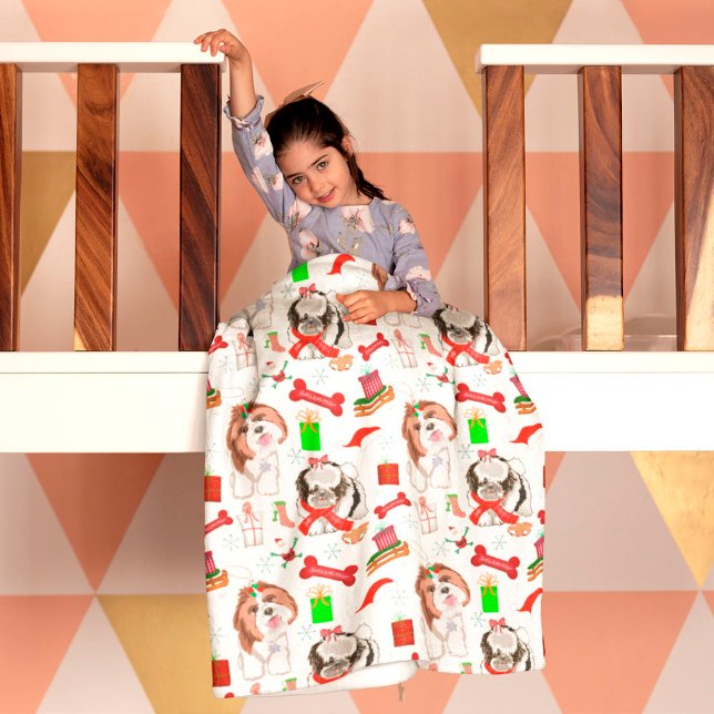 Couverture Polaire Motif sans couture de Noël adorable de Shih Tzu  (Créateur téléchargé)