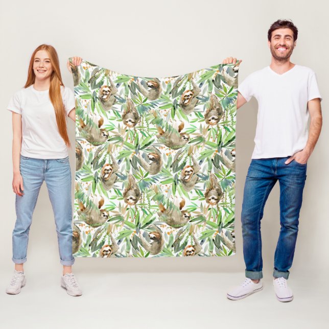 Couverture Polaire Motif tropical de paresse d'aquarelle (En situation)