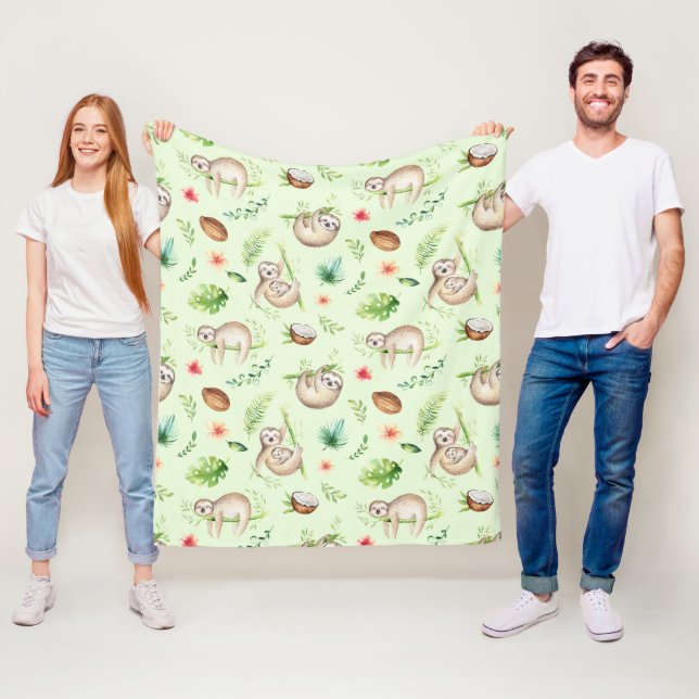 Couverture Polaire Motif tropical de paresse de noix de coco (En situation)