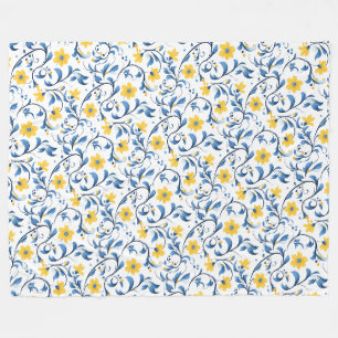 Couverture Polaire Motifs d'art populaire floral ukrainien. Bleu et j