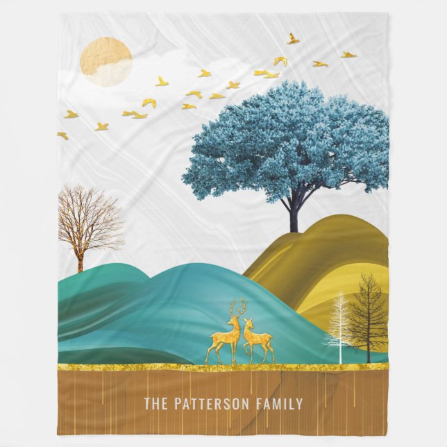 Couverture Polaire Mountain Deer Paysage Nature Stylé Nom de famille (Devant)