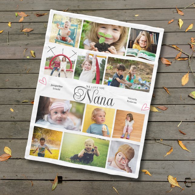 Couverture Polaire Nana We Love You Personalized Hearts (Nana custom fleece blanket with photos and text personalization.)