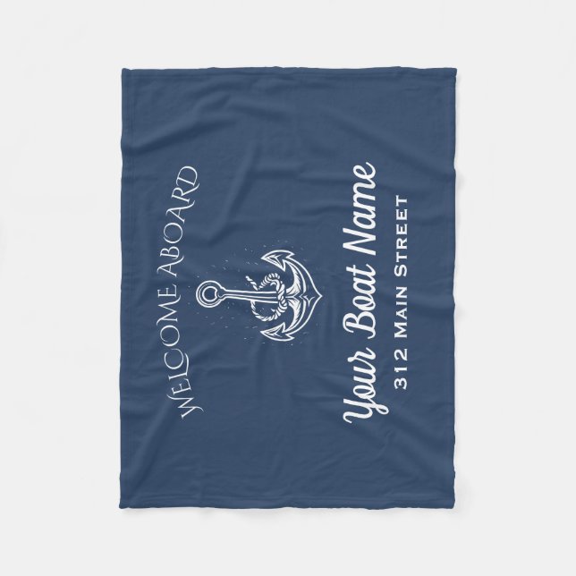 Couverture Polaire Nautical Navy Blue Welcome Aboard Ancre Nom du bat (Devant)