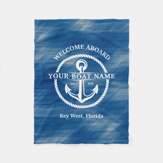 Couverture Polaire Nautical Navy Blue Welcome Aboard Nom du bateau An (Devant)