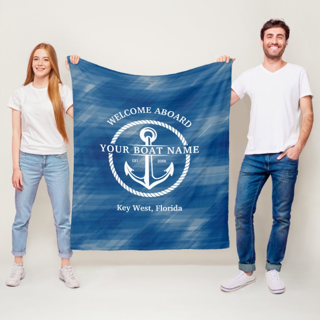 Couverture Polaire Nautical Navy Blue Welcome Aboard Nom du bateau An (En situation)