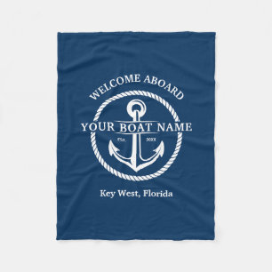 Couverture Polaire Nautical Navy Blue Welcome Aboard Nom du bateau An