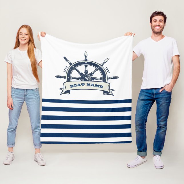 Couverture Polaire Nautique, Bateau Roue, Bleu Bleu Marine Blancs (En situation)