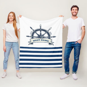 Couverture Polaire Nautique, Roue de Bateau, Rayures Bleu Marine et B