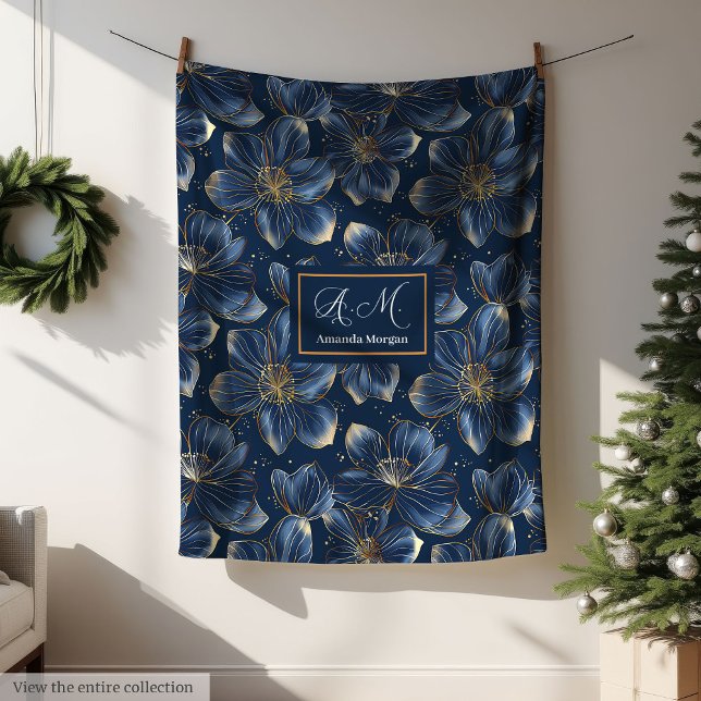Couverture Polaire Navy Gold Floral Blanket Chic Personalized Gift (Navy Gold Floral Blanket Chic Personalized Gift)