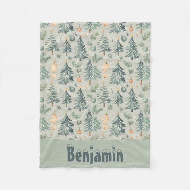 Couverture Polaire Neige de Noël et Arbres mousse verte avec nom (Devant)