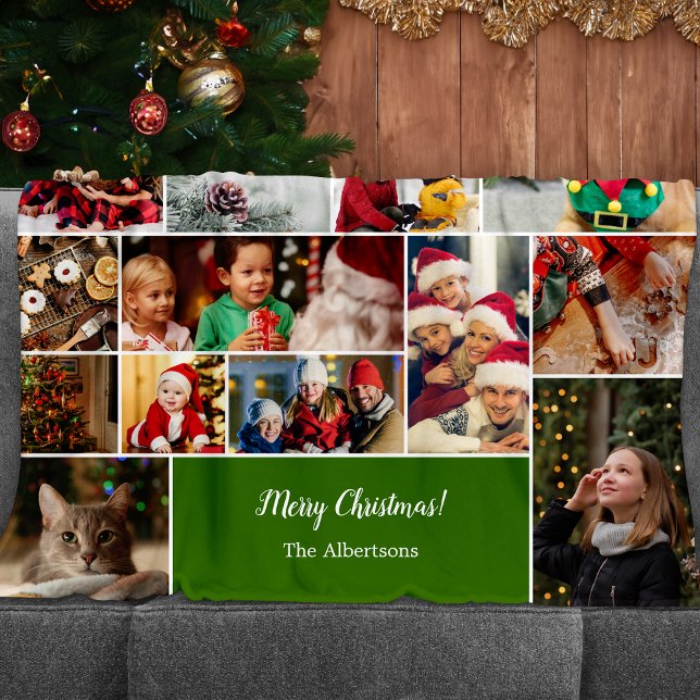 Couverture Polaire Noël 22 Photo Collage avec Nom de famille Vert (Créateur téléchargé)