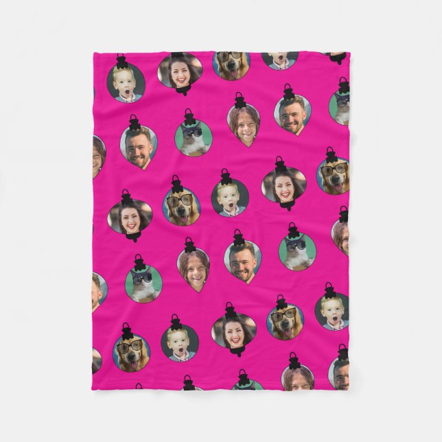 Couverture Polaire Noël Amusant Famille Visages Ornements Rose (Devant)