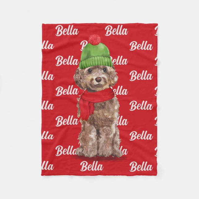 Couverture Polaire Noël Brown Cockapoo Nom du chien Père Noël (Devant)