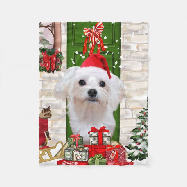 Couverture Polaire Noël de chien maltais (Devant)