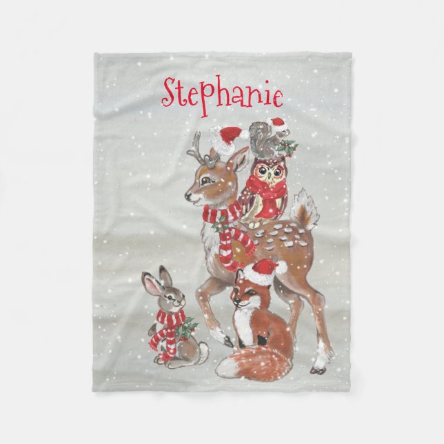 Couverture Polaire Noël Grey Winter Woodland Animal Deer Nom (Devant)