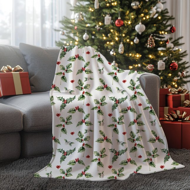 Couverture Polaire Noël monogramme Holly (Holly Berry Christmas Holiday Blanket)