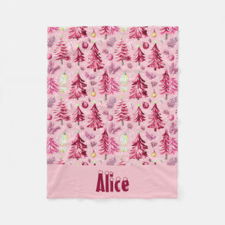 Couverture Polaire Noël Neige et Arbres Fuchsia & rose avec le nom
