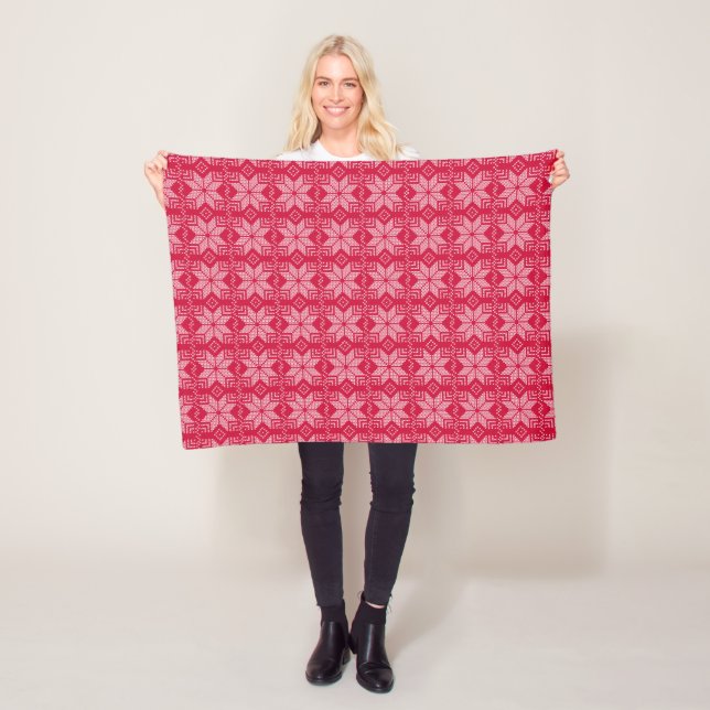 Couverture Polaire Noël, scandinave, rouge, blanc, flocons de neige, (En situation)