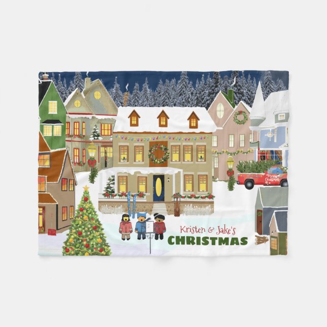 Couverture Polaire Noël Ville des merveilles d'hiver Maisons en carre (Devant (Horizontal))
