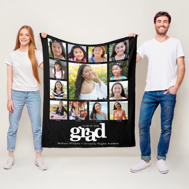 Couverture Polaire Noir Blanc Graduation K-12 Photo Collage Bold (En situation)