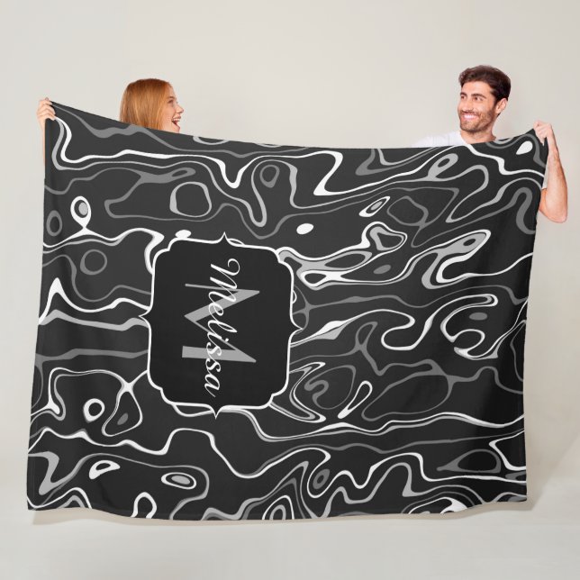Couverture Polaire Noir blanc gris damas tourbillons abstraits Monogr (En situation)