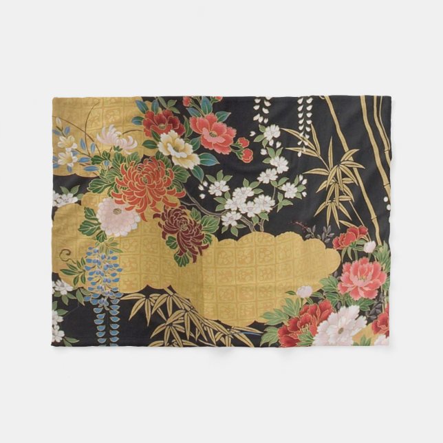 Couverture Polaire Noir et or traditionnel japonais Kimono floral (Devant (Horizontal))