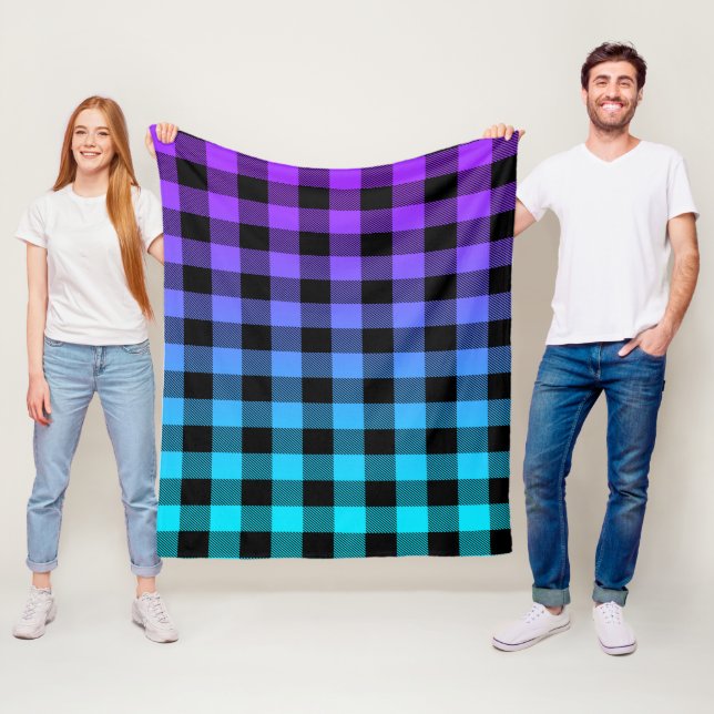 Couverture Polaire Noir plaid motif violet à turquoise ombre (En situation)