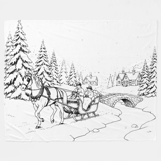 Couverture Polaire Noir sur blanc, Cheval de Noël tiré scène de traîn (Devant (Horizontal))