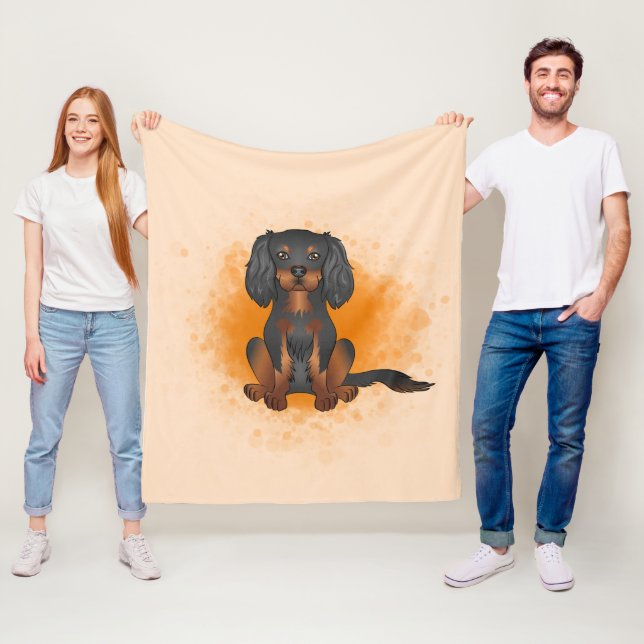 Couverture Polaire Noir & Tan Cavalier King Charles Chien sur Orange (En situation)