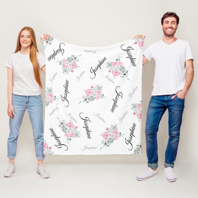Couverture Polaire Nom de bébé personnalisé| Aquarelle Fleur de Boho (En situation)