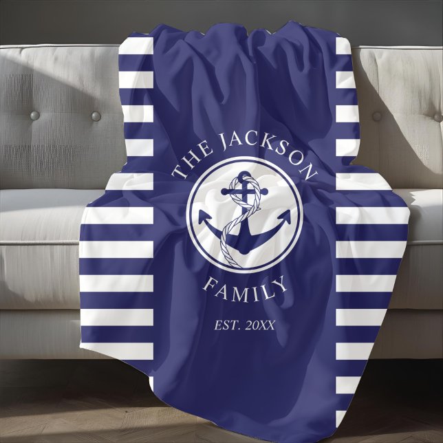 Couverture Polaire Nom de famille Ancre nautique Motif Blue Stripes (Family Name Nautical Anchor Blue Stripes Pattern Fleece Blanket)